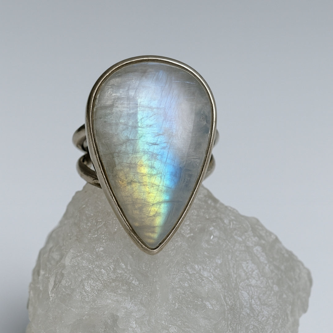 Rainbow Moonstone Ring Selene Spectrum Adjustable 925 Sterling Silver Full Flash Crystal Healing Jewelry for Intuition Balance Goddess Gift