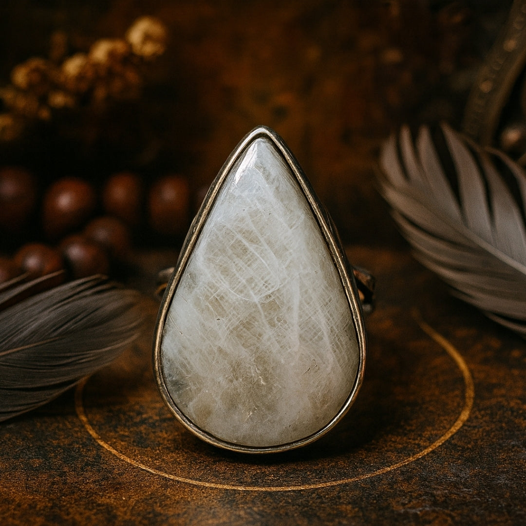 Rainbow Moonstone Ring Selene Spectrum Adjustable 925 Sterling Silver Full Flash Crystal Healing Jewelry for Intuition Balance Goddess Gift