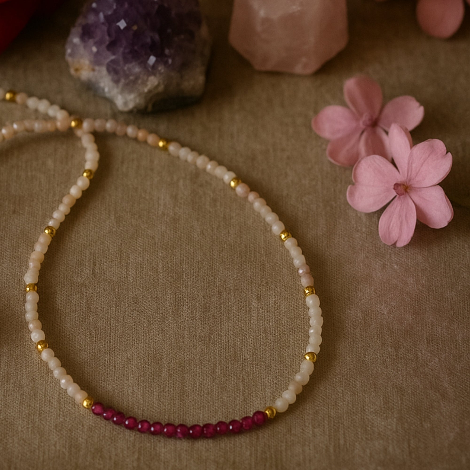 Morganite & Ruby Dainty Necklace 2 mm Faceted