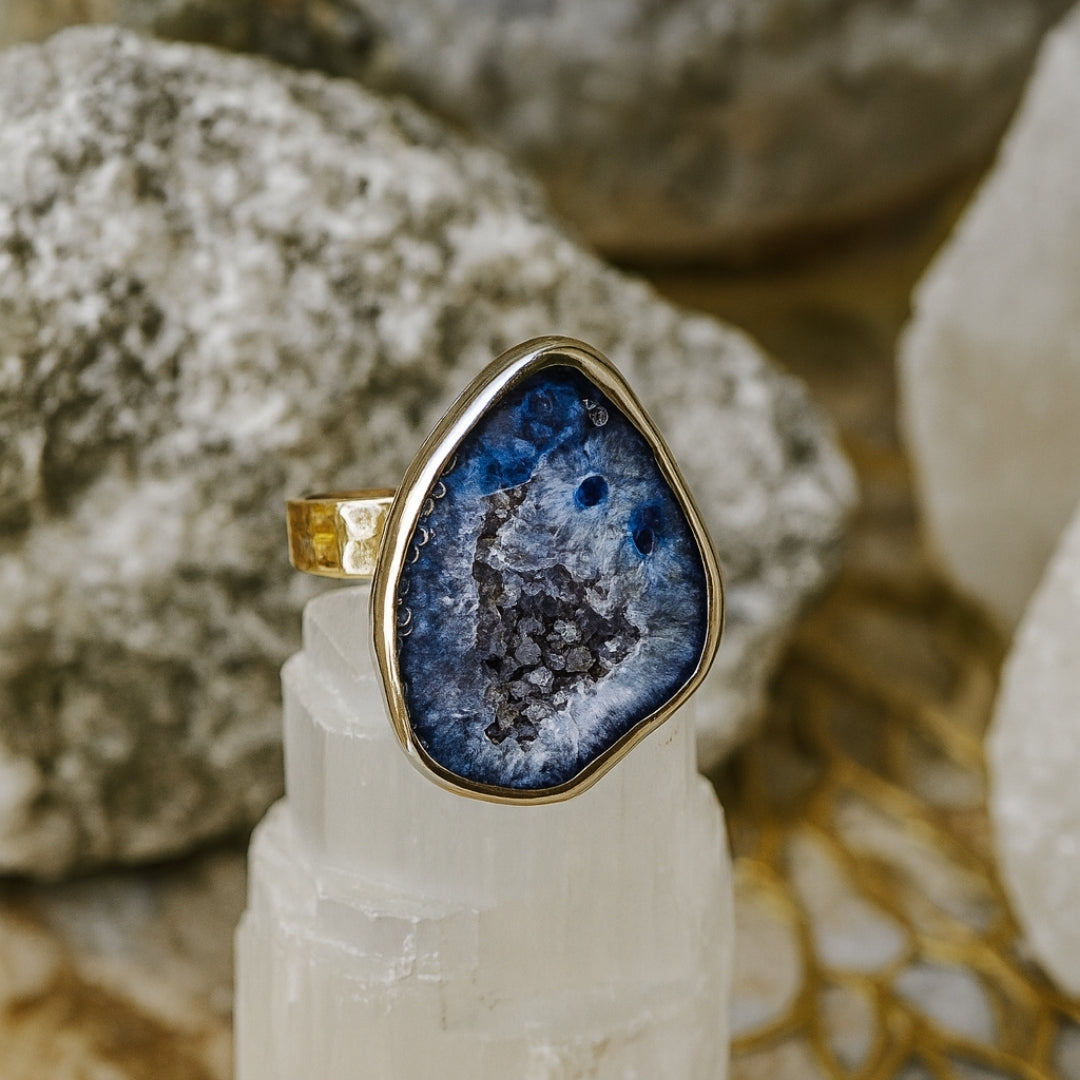 Blue Druzy Core Ring | Artisan Silver Finish Adjustable Crystal Ring |