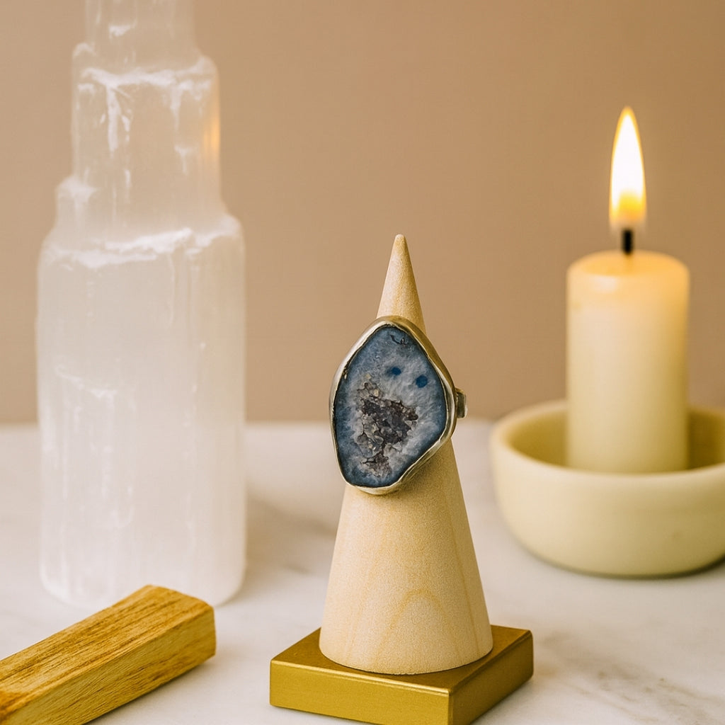 Blue Druzy Core Ring | Artisan Silver Finish Adjustable Crystal Ring |