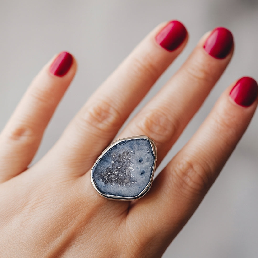 Blue Druzy Core Ring | Artisan Silver Finish Adjustable Crystal Ring |