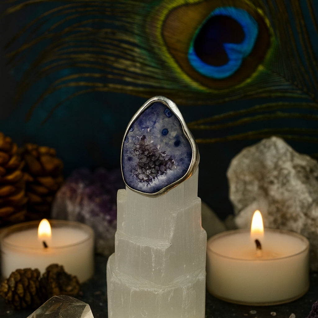 Blue Druzy Core Ring | Artisan Silver Finish Adjustable Crystal Ring |