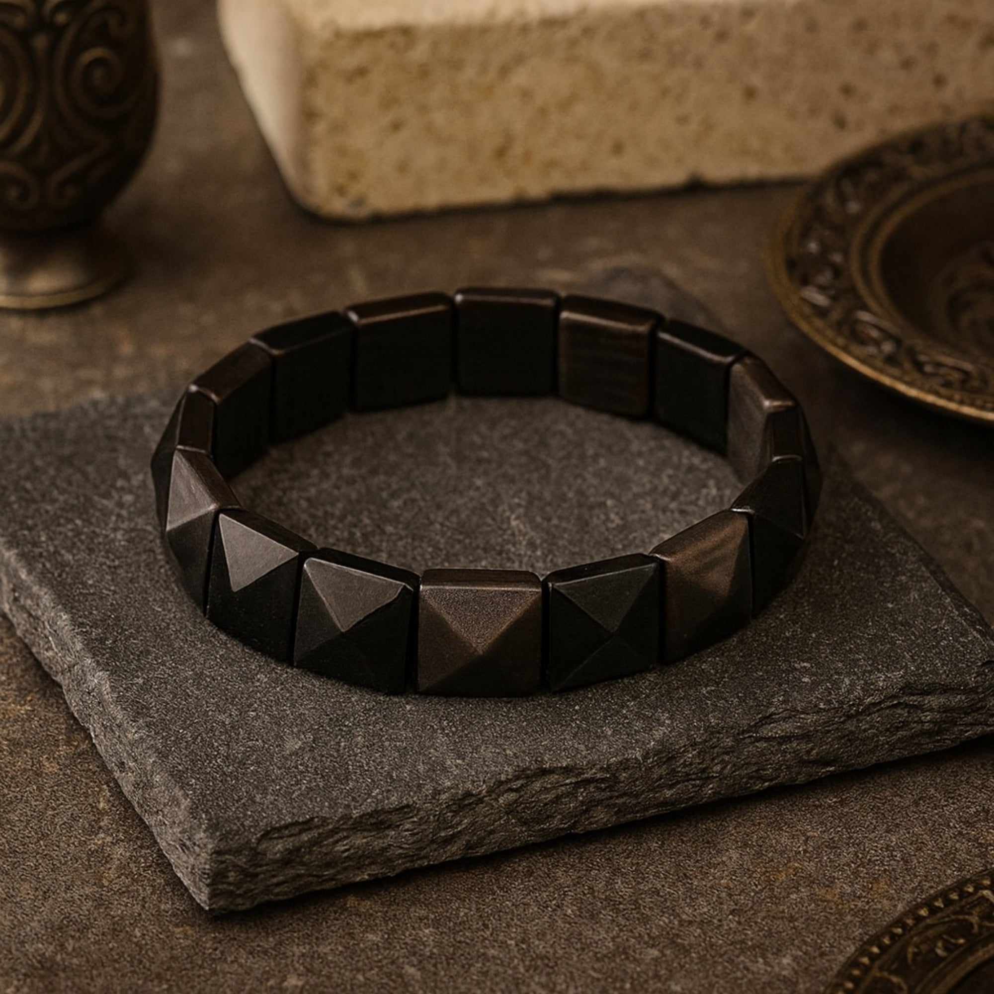 Obsidian Core Bracelet | 12x12 mm Pyramid Cut Stones