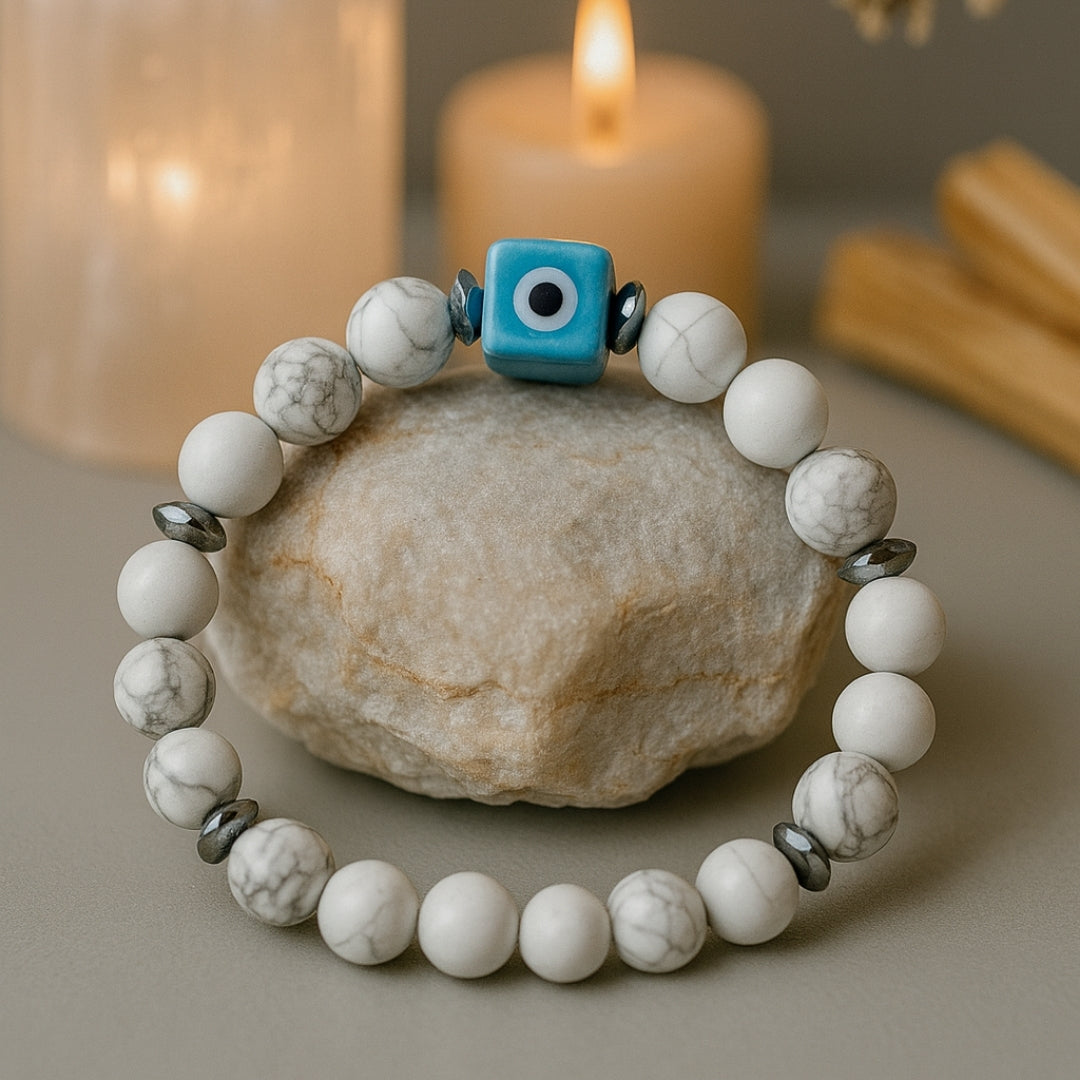 Howlite Evil Eye Bracelet 8mm with Hematite | Stellar Nazar Codex