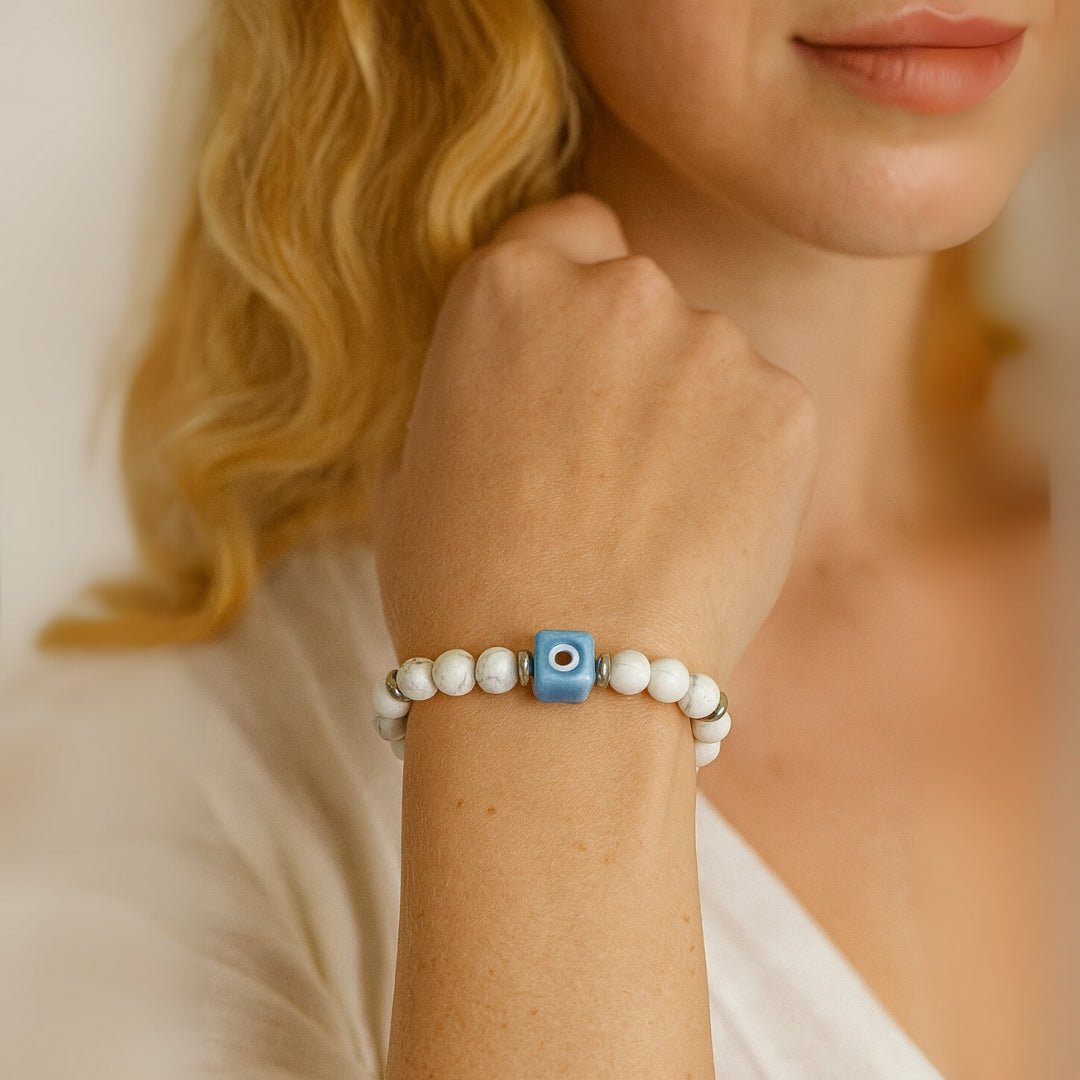 Howlite Evil Eye Bracelet 8mm with Hematite | Stellar Nazar Codex