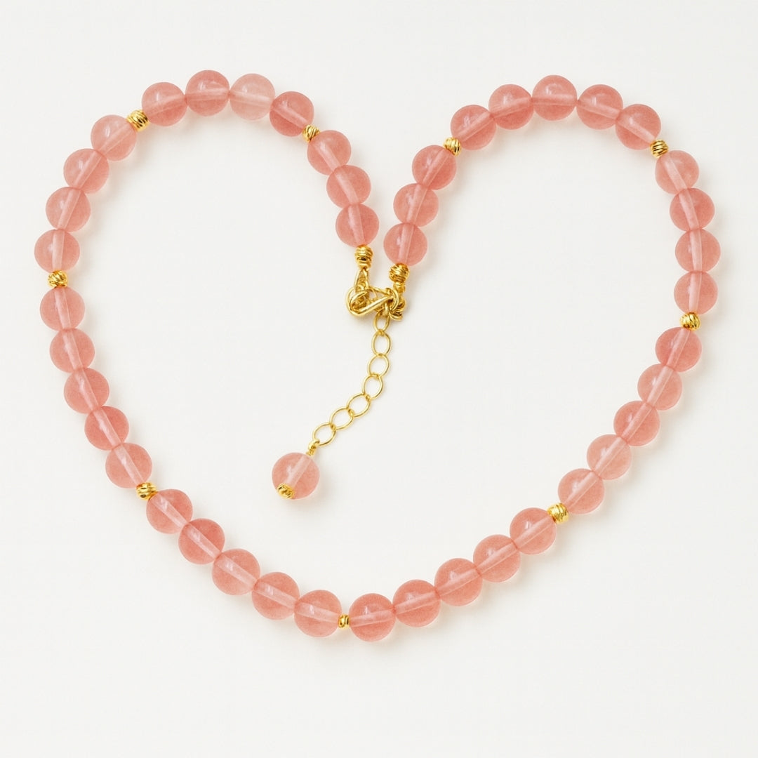 Strawberry Quartz Necklace 8mm Ciseli Gul Love Healing Feminine Energy Emotional Balance Heart Chakra Jewelry Handmade Crystal Gift for Her