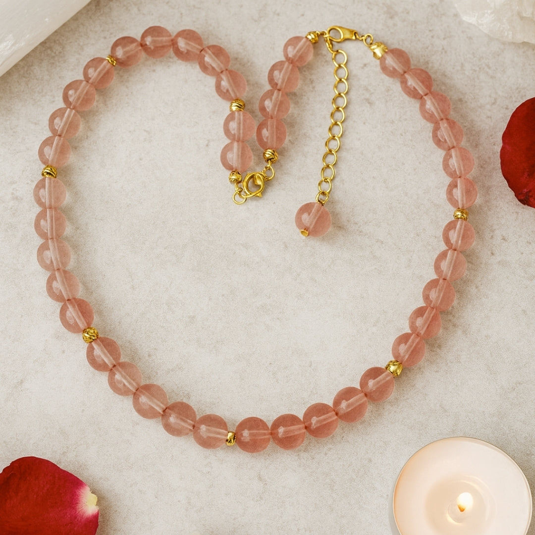 Strawberry Quartz Necklace 8mm Ciseli Gul Love Healing Feminine Energy Emotional Balance Heart Chakra Jewelry Handmade Crystal Gift for Her
