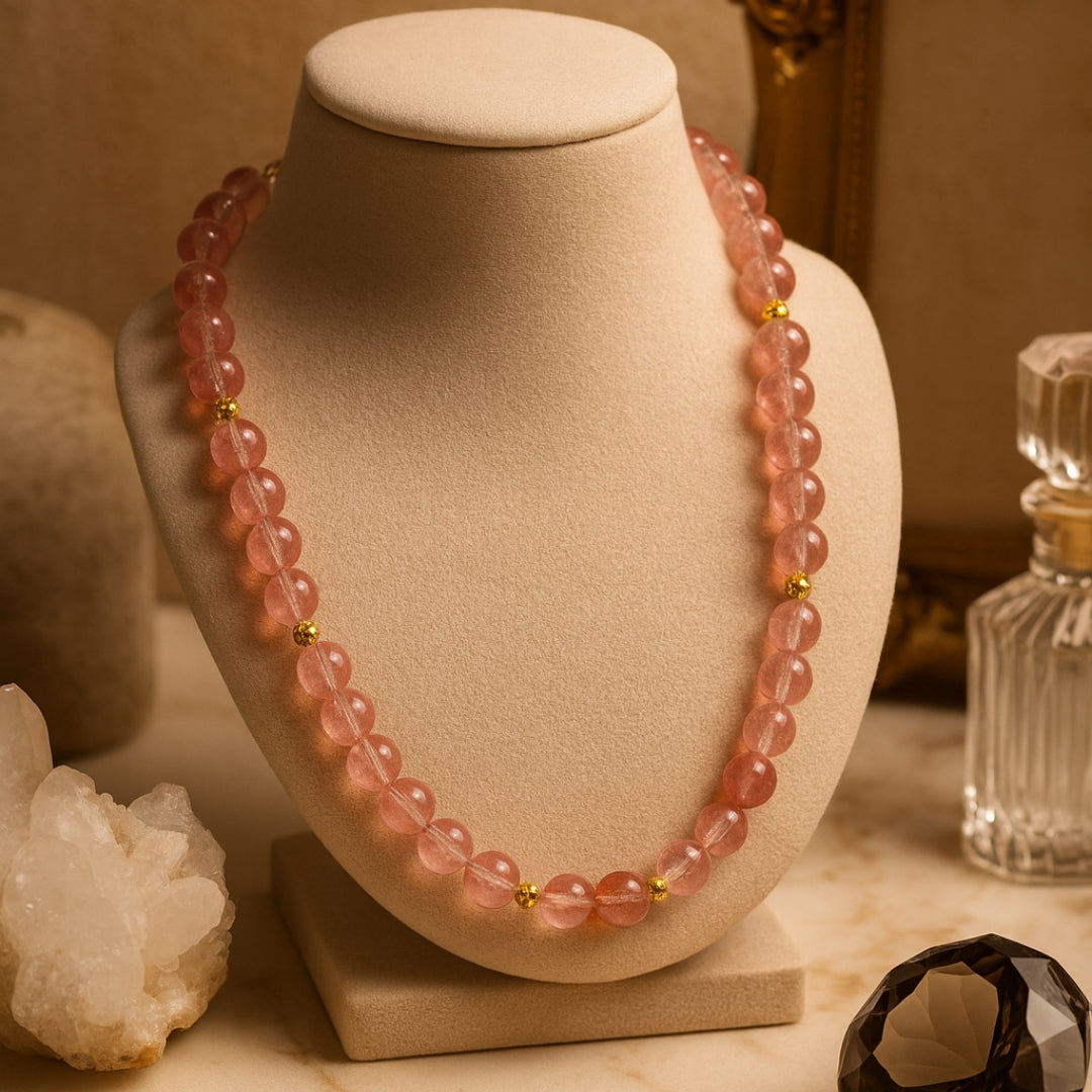 Strawberry Quartz Necklace 8mm Ciseli Gul Love Healing Feminine Energy Emotional Balance Heart Chakra Jewelry Handmade Crystal Gift for Her