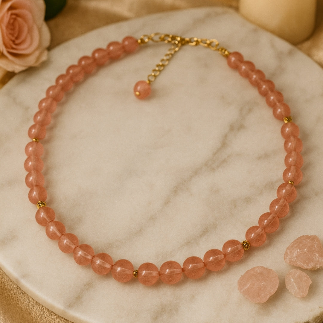 Strawberry Quartz Necklace 8mm Ciseli Gul Love Healing Feminine Energy Emotional Balance Heart Chakra Jewelry Handmade Crystal Gift for Her