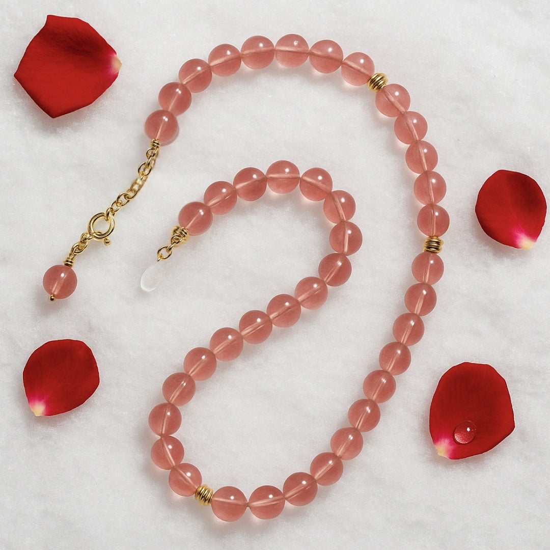 Strawberry Quartz Necklace 8mm Ciseli Gul Love Healing Feminine Energy Emotional Balance Heart Chakra Jewelry Handmade Crystal Gift for Her