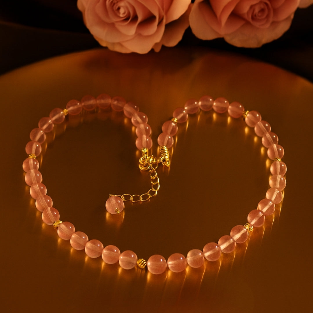 Strawberry Quartz Necklace 8mm Ciseli Gul Love Healing Feminine Energy Emotional Balance Heart Chakra Jewelry Handmade Crystal Gift for Her