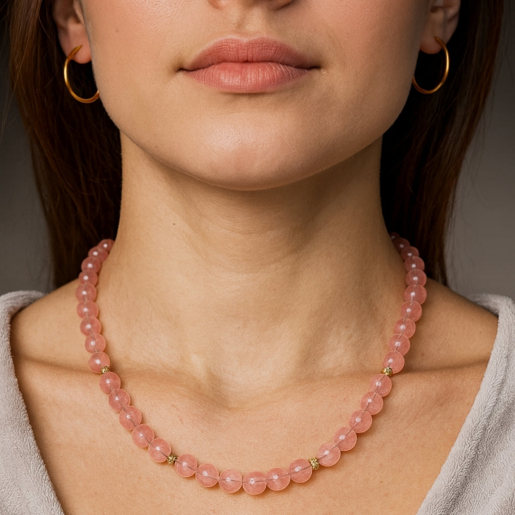 Strawberry Quartz Necklace 8mm Ciseli Gul Love Healing Feminine Energy Emotional Balance Heart Chakra Jewelry Handmade Crystal Gift for Her
