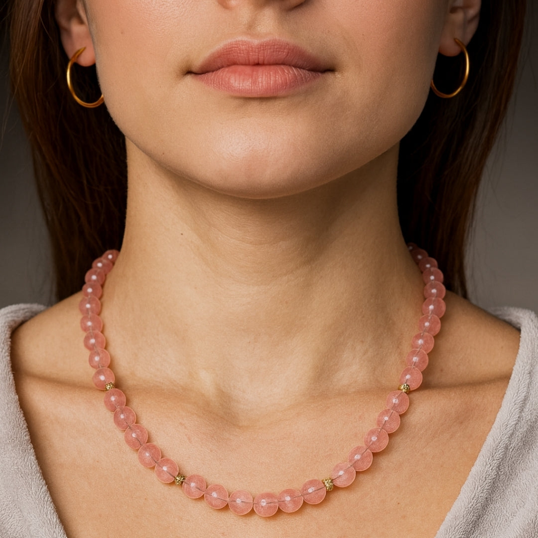 Strawberry Quartz Necklace 8mm Ciseli Gul Love Healing Feminine Energy Emotional Balance Heart Chakra Jewelry Handmade Crystal Gift for Her