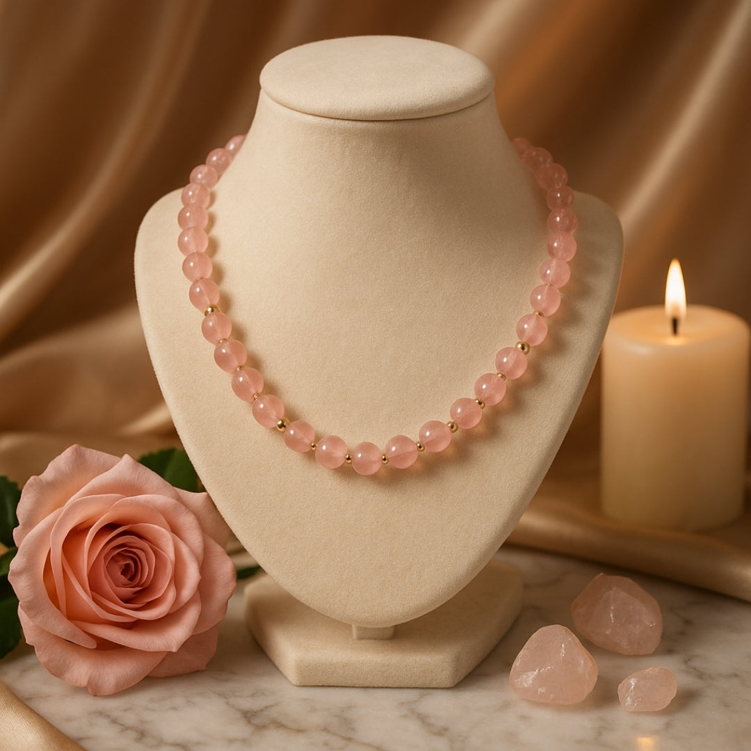 Strawberry Quartz Necklace 8mm Ciseli Gul Love Healing Feminine Energy Emotional Balance Heart Chakra Jewelry Handmade Crystal Gift for Her