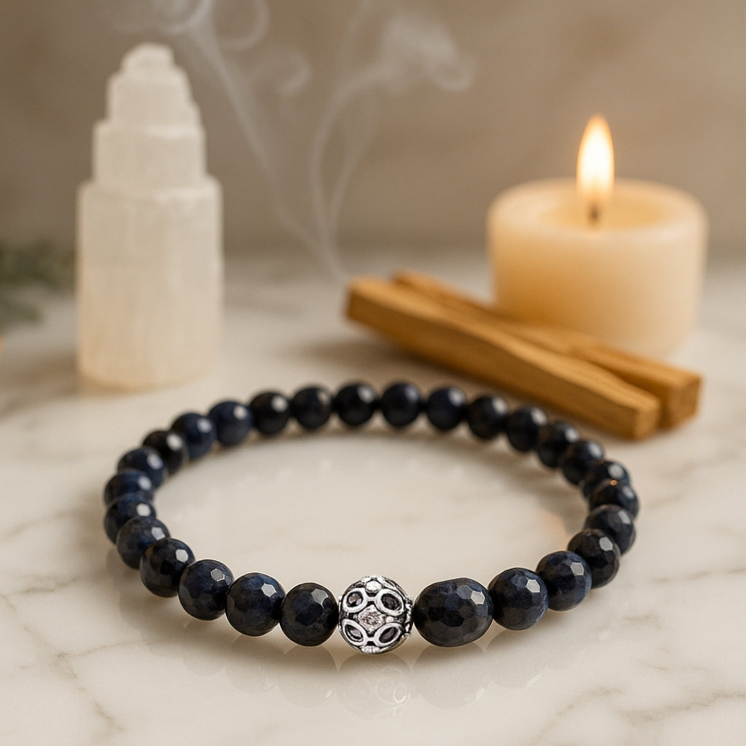 Sapphire Core 925 Sterling Silver Bracelet 6mm Faceted Natural Sapphire 925 Silver Knot Cover Master 33 Energy Code | Royal Wisdom Talisman