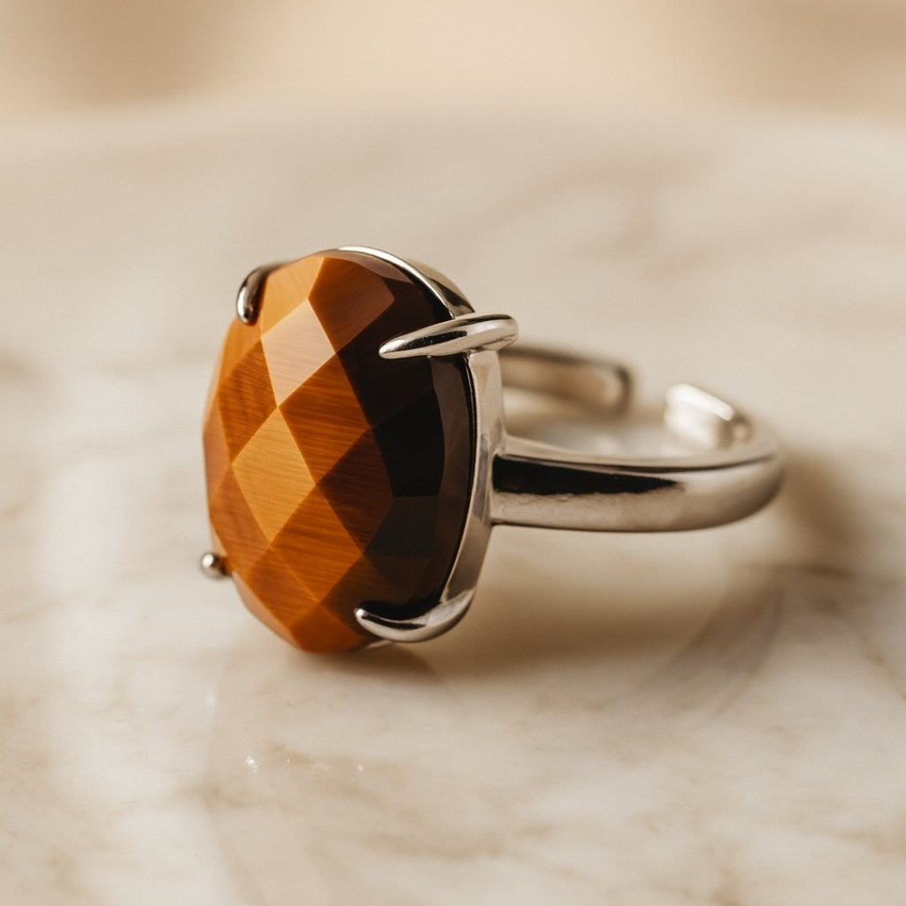 Tiger Eye Auric Shield Ring | Adjustable Silver Plated Natural Gemstone