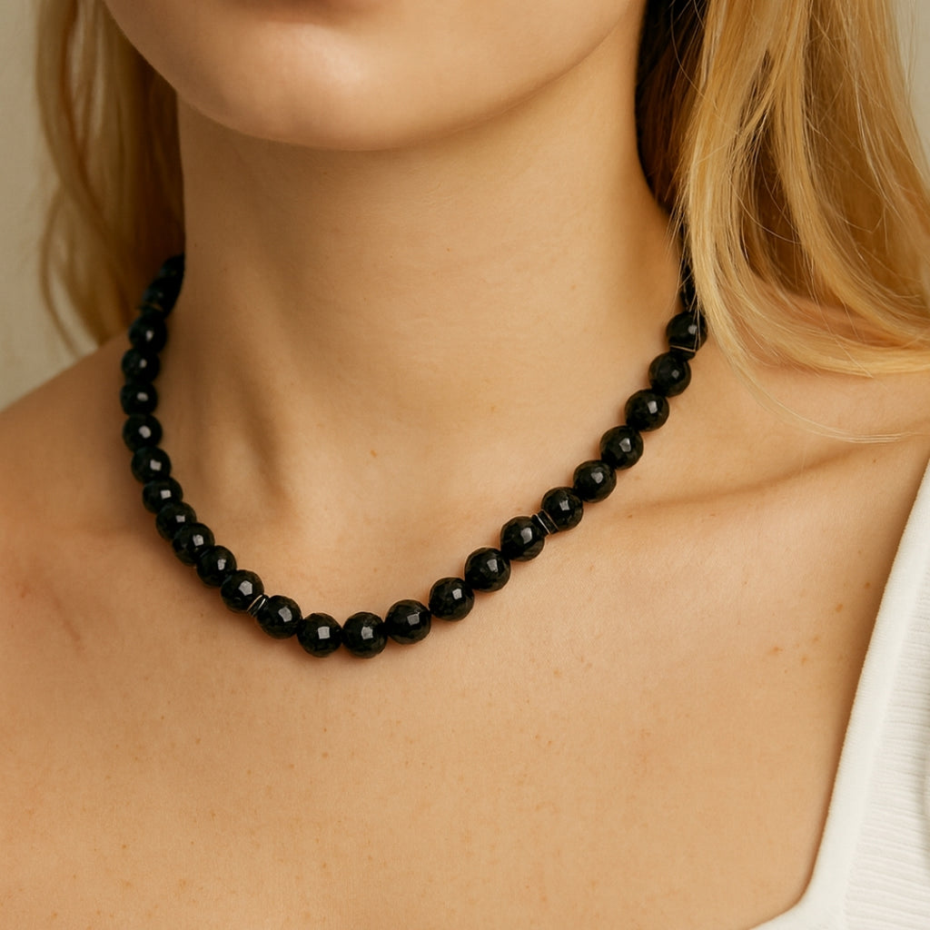 Tourmaline Shield Necklace 8mm Faceted AAA Black Tourmaline Hematite 925 Silver