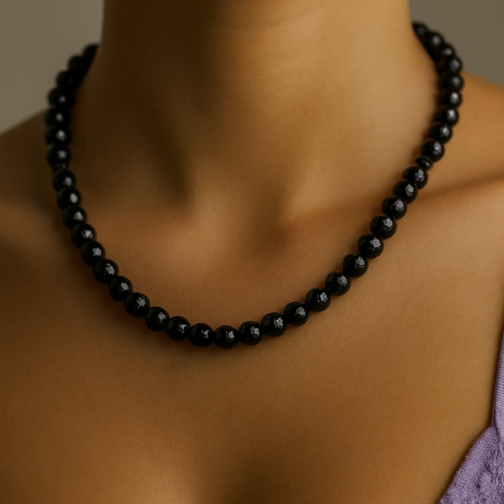 Tourmaline Shield Necklace 8mm Faceted AAA Black Tourmaline Hematite 925 Silver