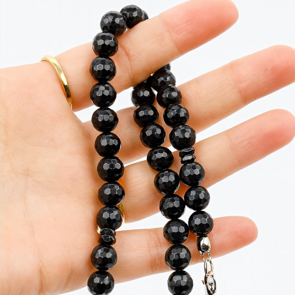 Tourmaline Shield Necklace 8mm Faceted AAA Black Tourmaline Hematite 925 Silver