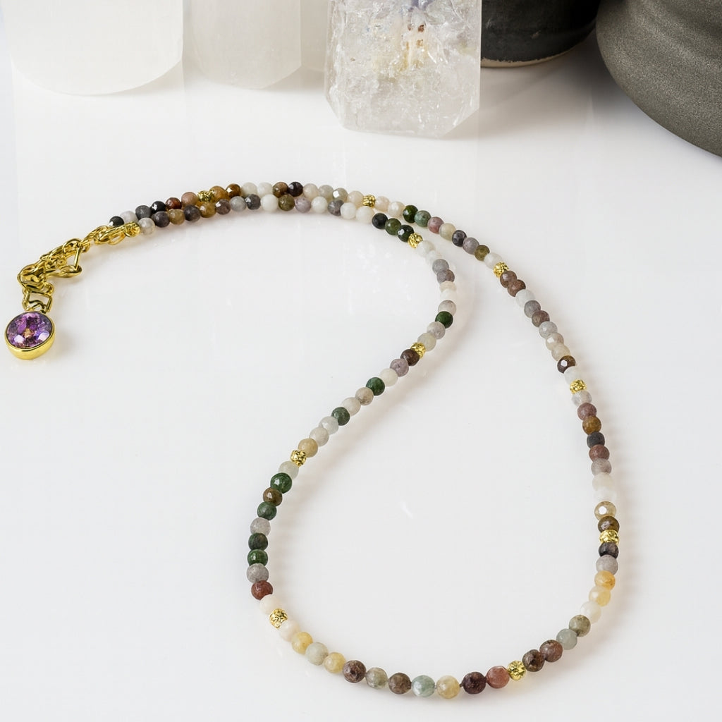 Turmaline Choker Necklace |Rainbow Tourmaline Beads with Charm on Chain