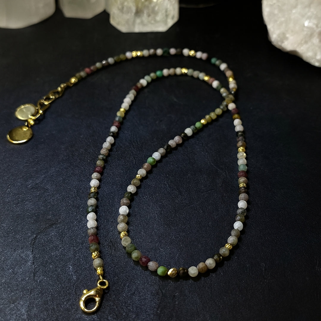 Turmaline Choker Necklace |Rainbow Tourmaline Beads with Charm on Chain