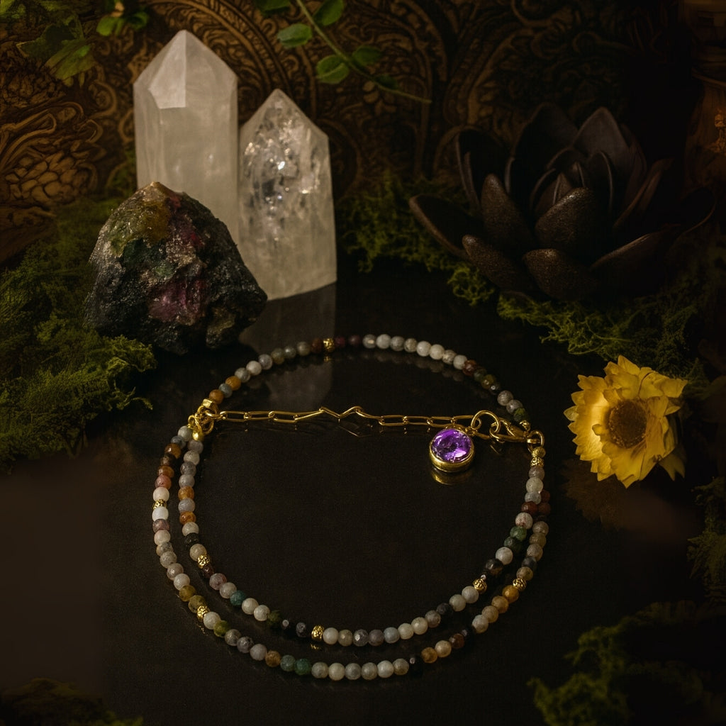 Turmaline Choker Necklace |Rainbow Tourmaline Beads with Charm on Chain