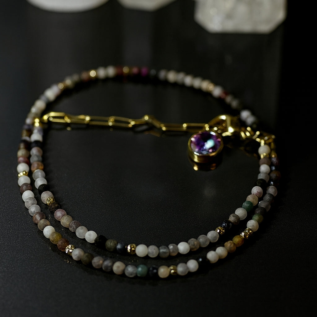 Turmaline Choker Necklace |Rainbow Tourmaline Beads with Charm on Chain