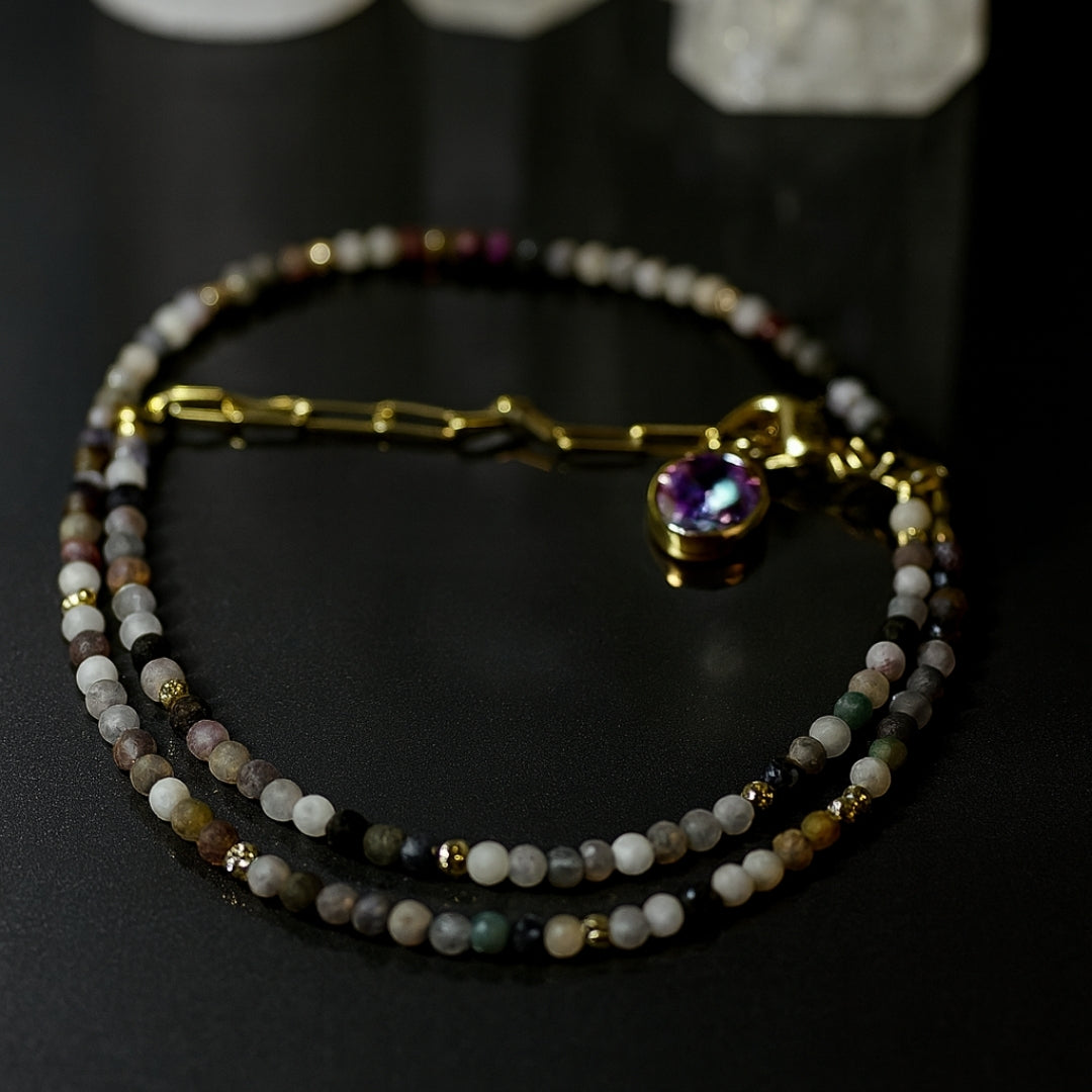 Turmaline Choker Necklace |Rainbow Tourmaline Beads with Charm on Chain