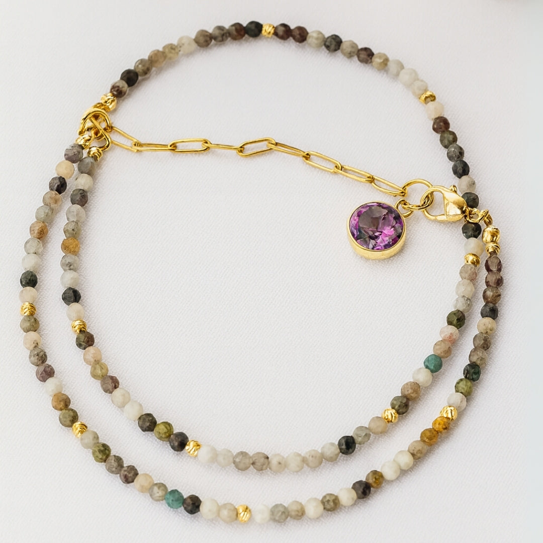 Turmaline Choker Necklace |Rainbow Tourmaline Beads with Charm on Chain