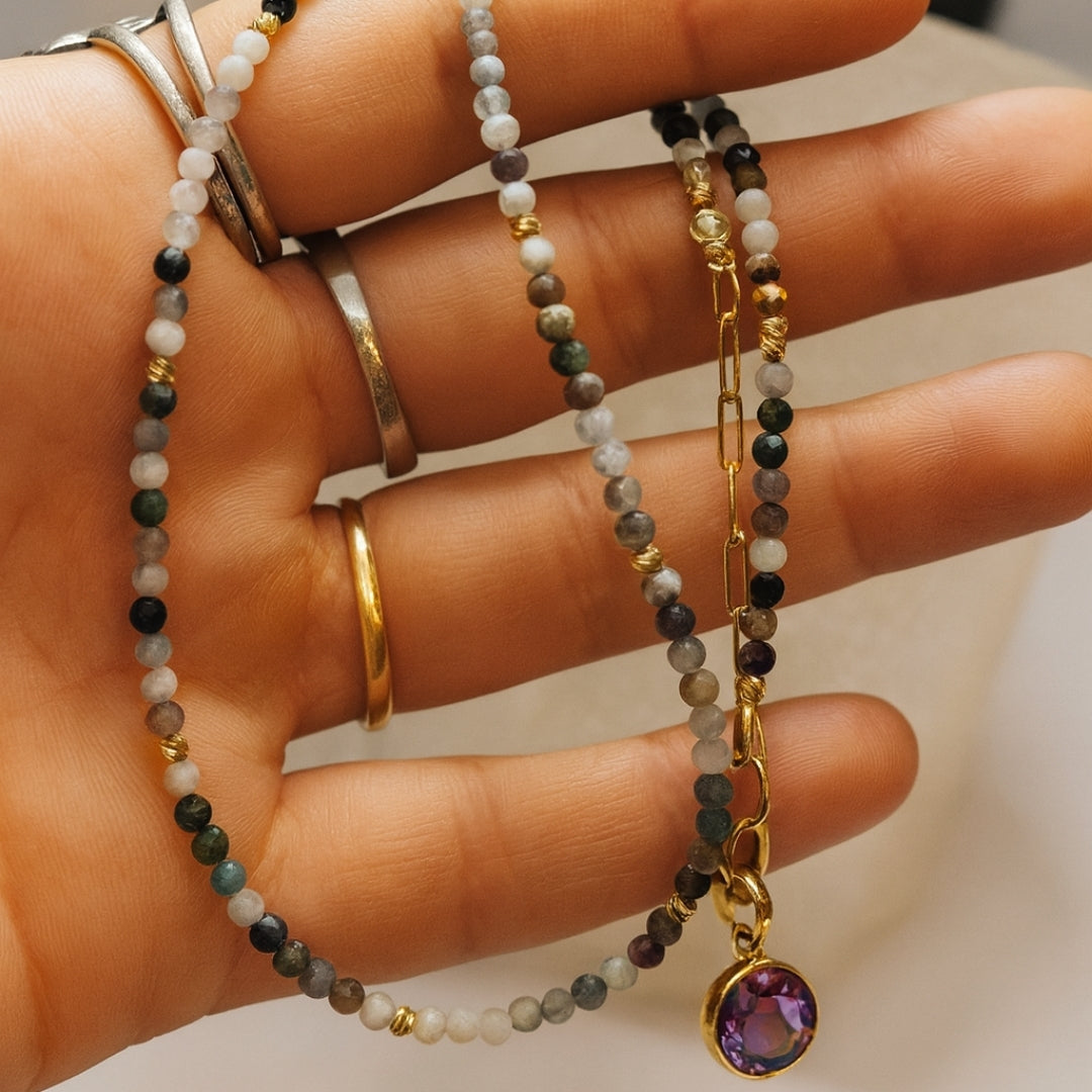 Turmaline Choker Necklace |Rainbow Tourmaline Beads with Charm on Chain