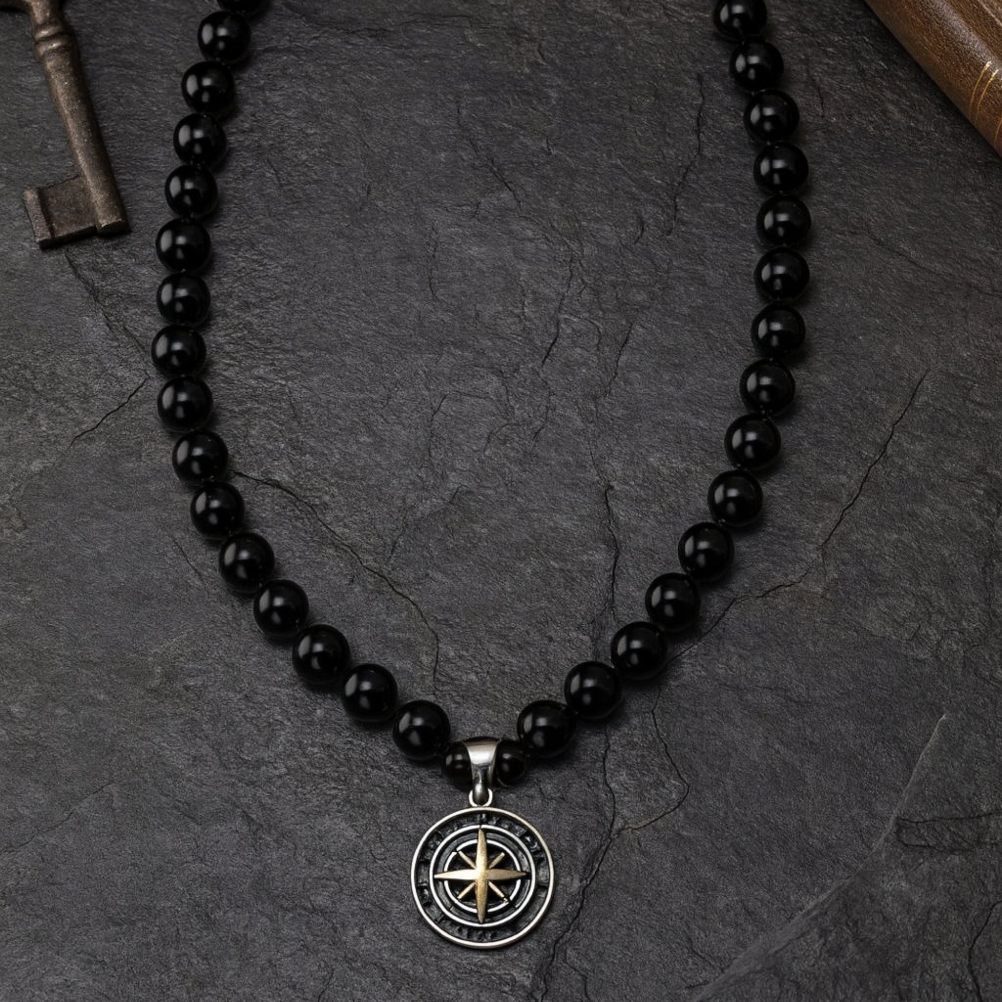 Onyx Necklace 925 Silver with Compass Pendant | Handmade Spiritual Jewelry Gift