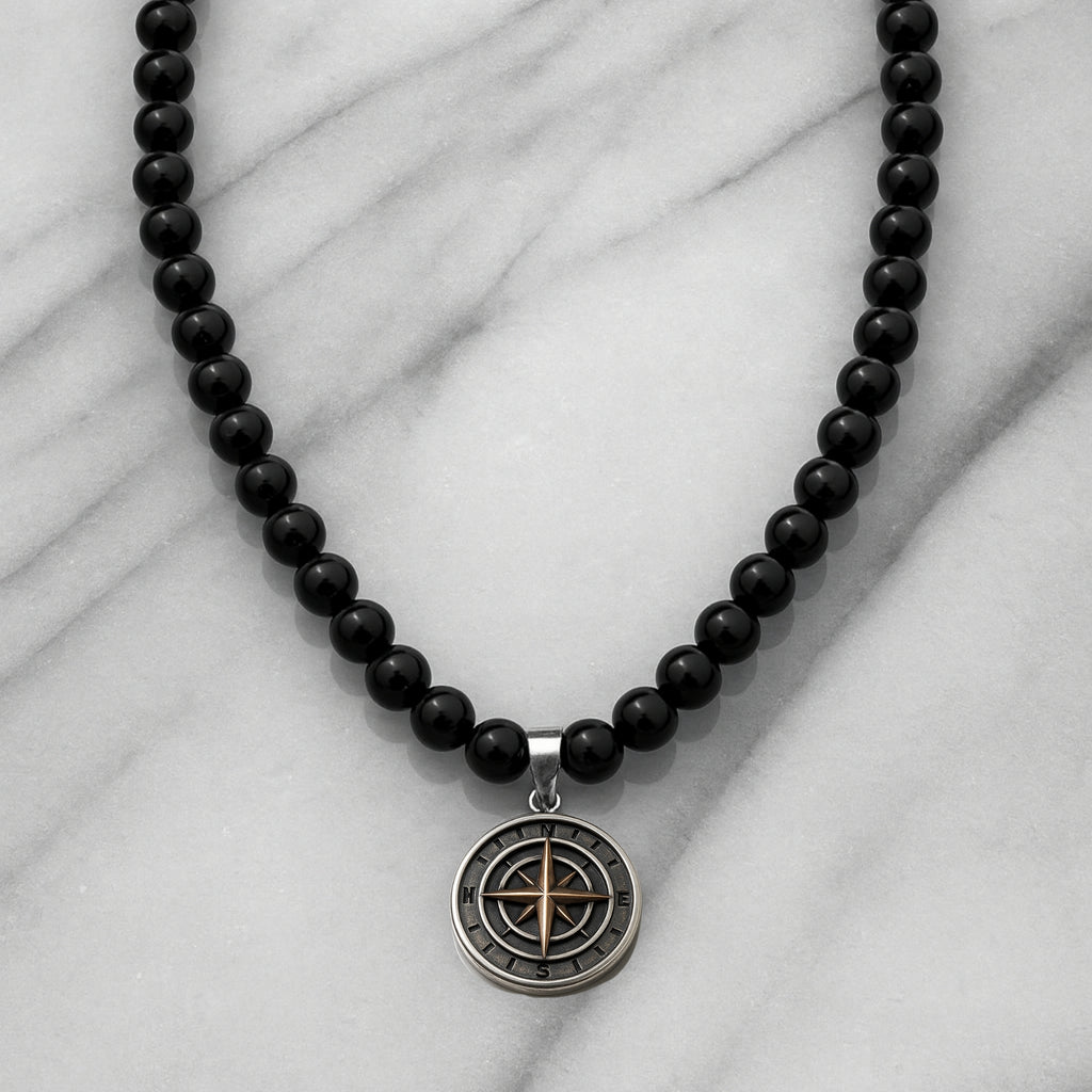 Onyx Necklace 925 Silver with Compass Pendant | Handmade Spiritual Jewelry Gift