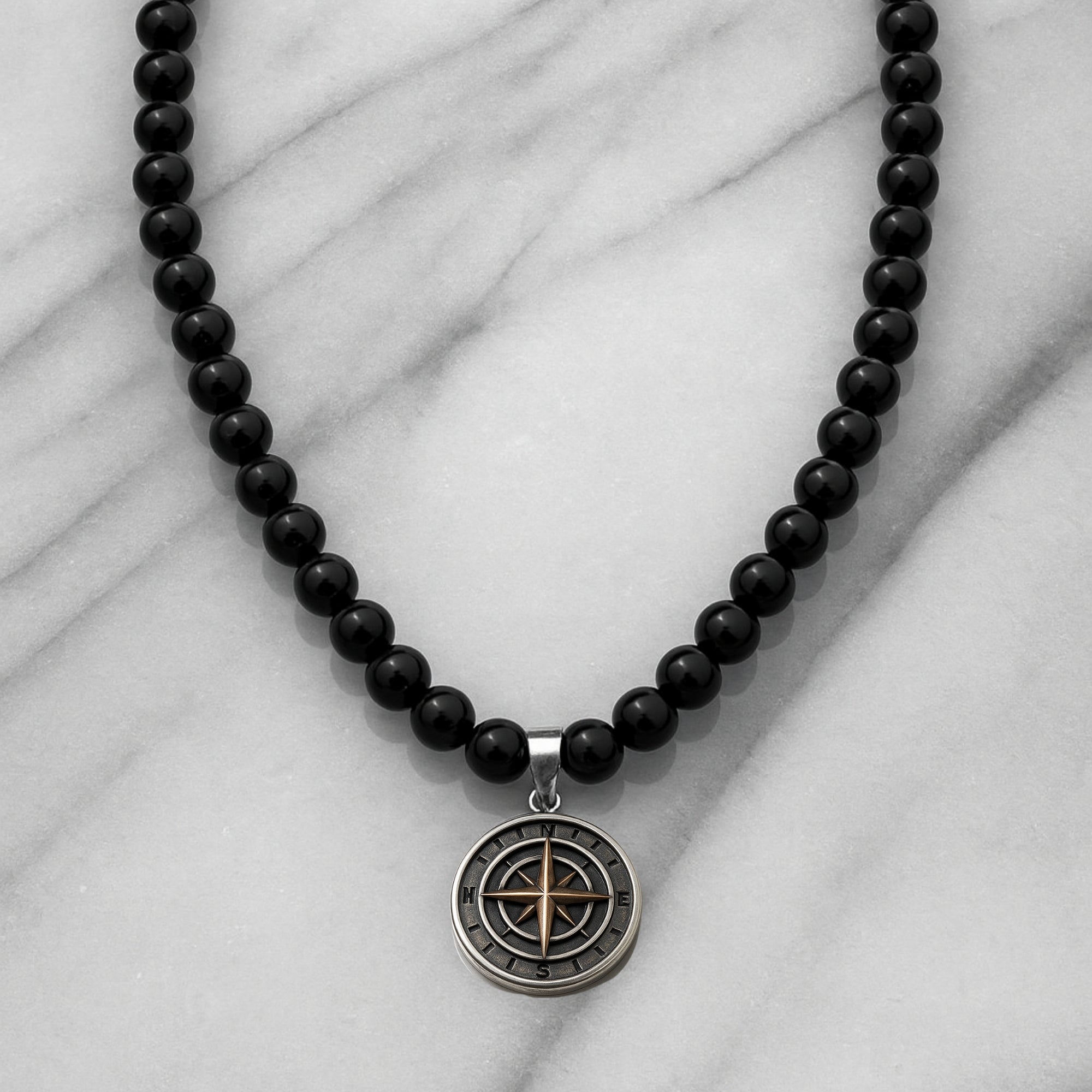 Onyx Necklace 925 Silver with Compass Pendant | Handmade Spiritual Jewelry Gift