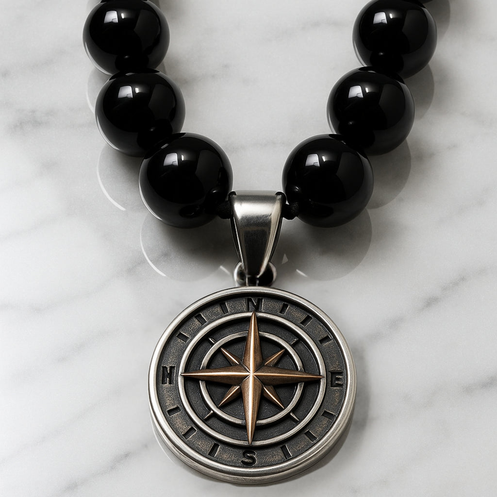 Onyx Necklace 925 Silver with Compass Pendant | Handmade Spiritual Jewelry Gift