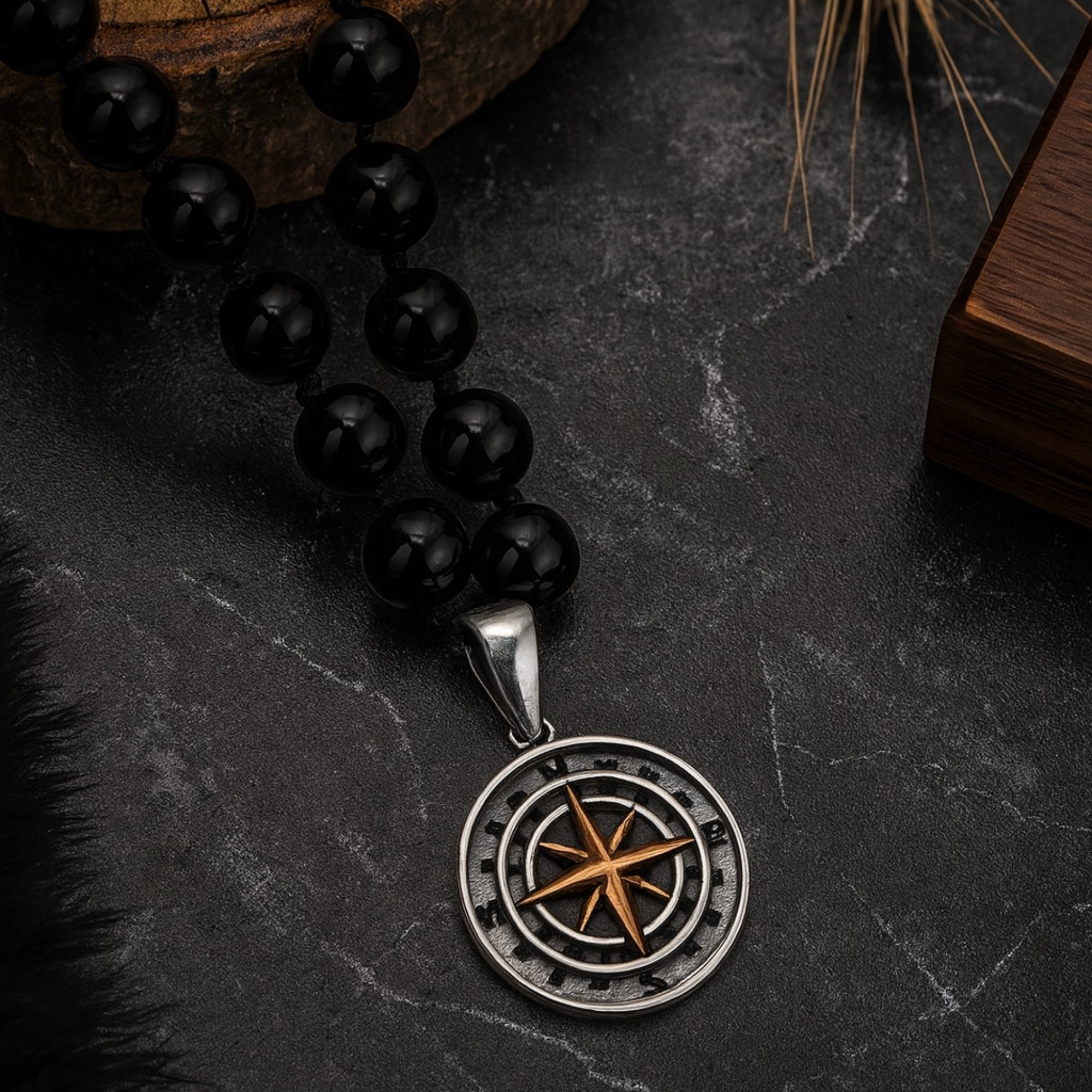 Onyx Necklace 925 Silver with Compass Pendant | Handmade Spiritual Jewelry Gift