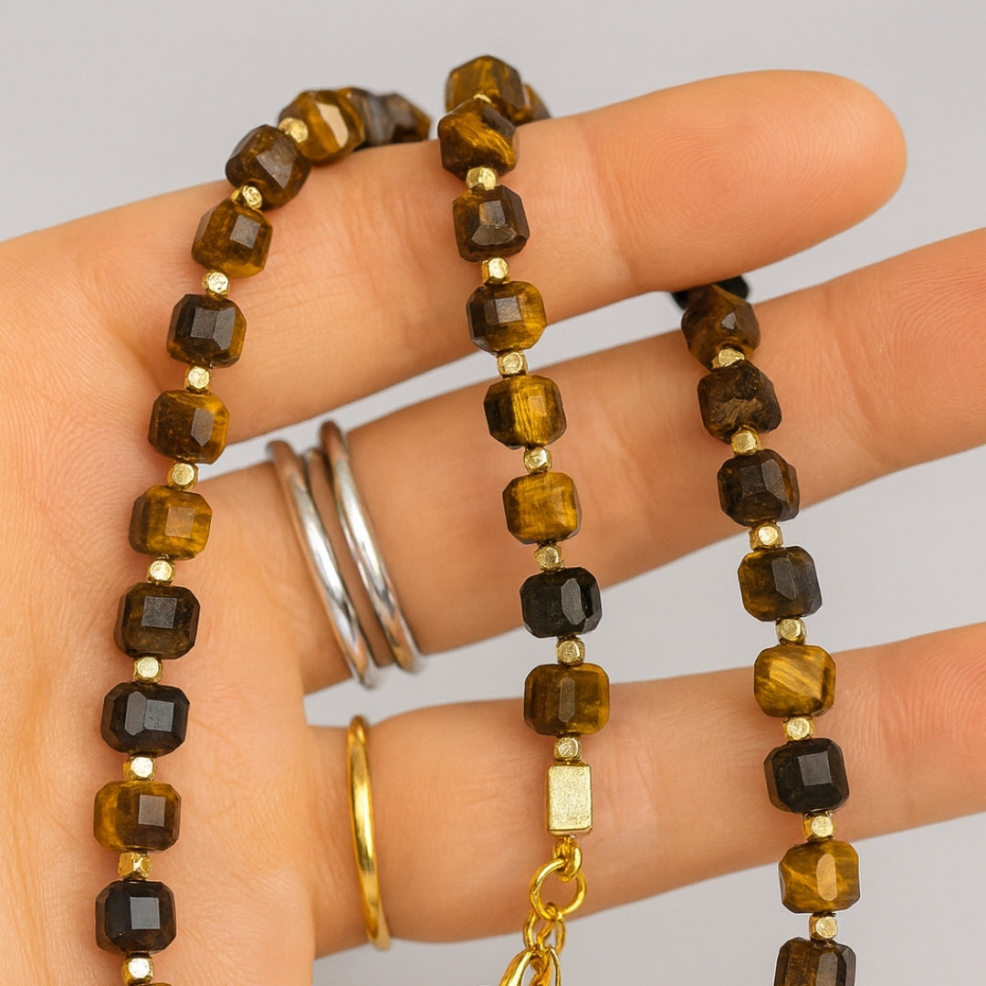 Tiger Eye Cube Necklace Confidence Focus Grounding Protection Energy Balance Solar Plexus Talisman Handmade Gift for Him Her