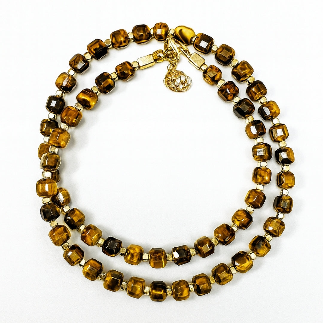 Tiger Eye Cube Necklace Confidence Focus Grounding Protection Energy Balance Solar Plexus Talisman Handmade Gift for Him Her