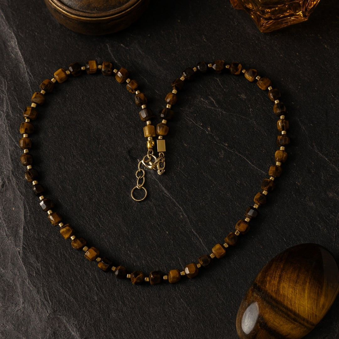 Tiger Eye Cube Necklace Confidence Focus Grounding Protection Energy Balance Solar Plexus Talisman Handmade Gift for Him Her