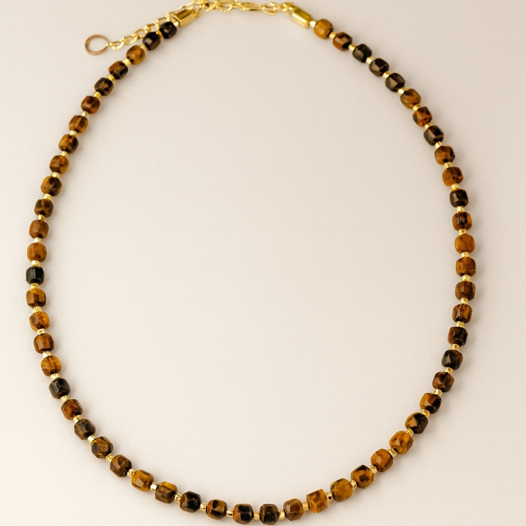 Tiger Eye Cube Necklace Confidence Focus Grounding Protection Energy Balance Solar Plexus Talisman Handmade Gift for Him Her