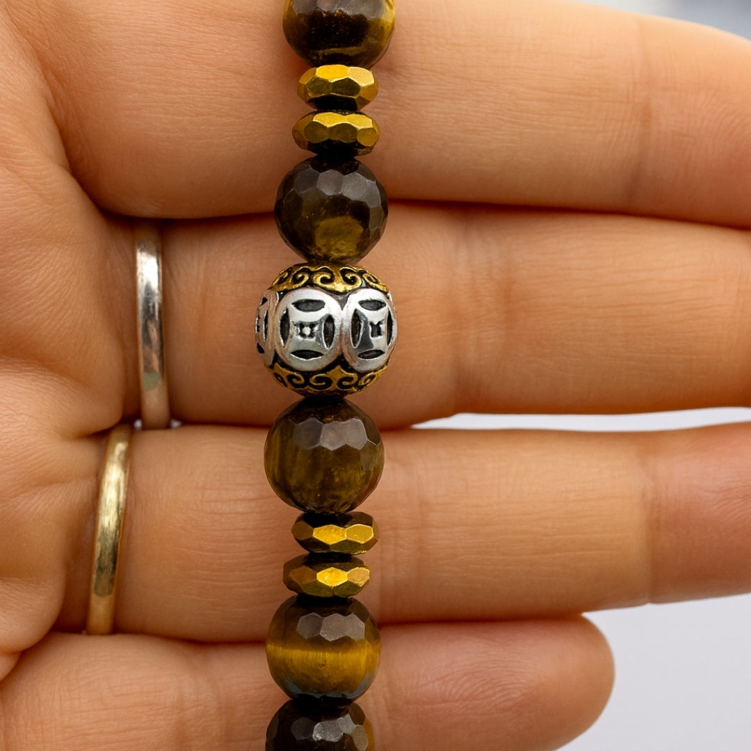 Tiger Eye Bracelet 8mm Faceted with Hematite |Gift for Men & Women EMF Shield