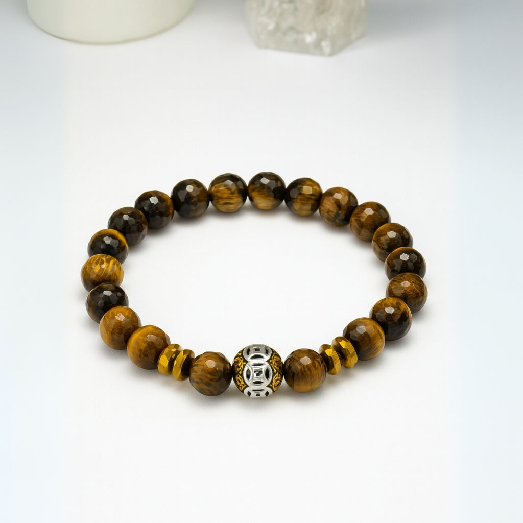 Tiger Eye Bracelet 8mm Faceted with Hematite |Gift for Men & Women EMF Shield