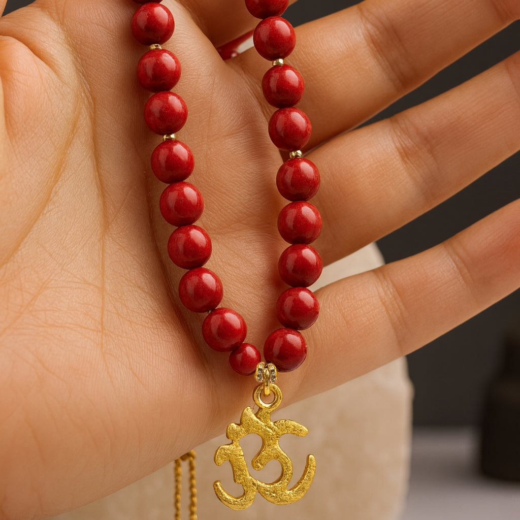 Red Coral Necklace 7 mm | Gold-Plated OM Pendant