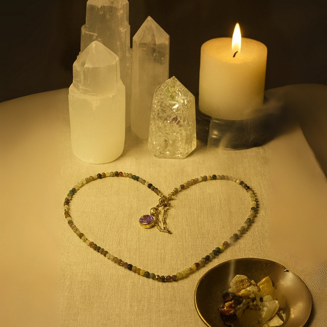 Turmaline Choker Necklace |Rainbow Tourmaline Beads with Charm on Chain