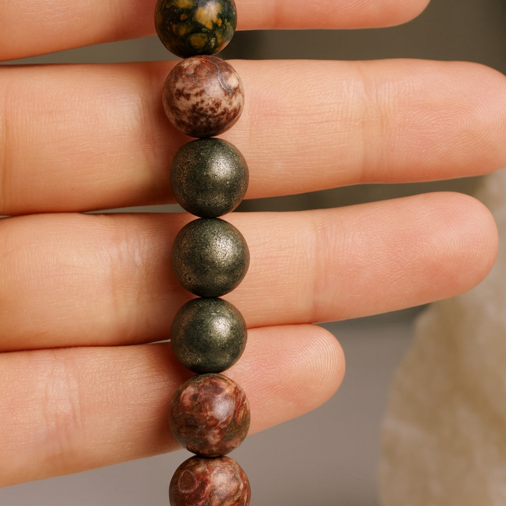 Pink Ocean Jasper & Pyrite Bracelet | 8 mm Gemstone Beads