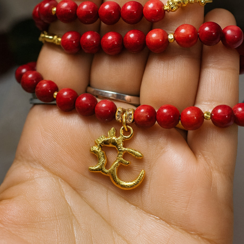 Red Coral Necklace 7 mm | Gold-Plated OM Pendant