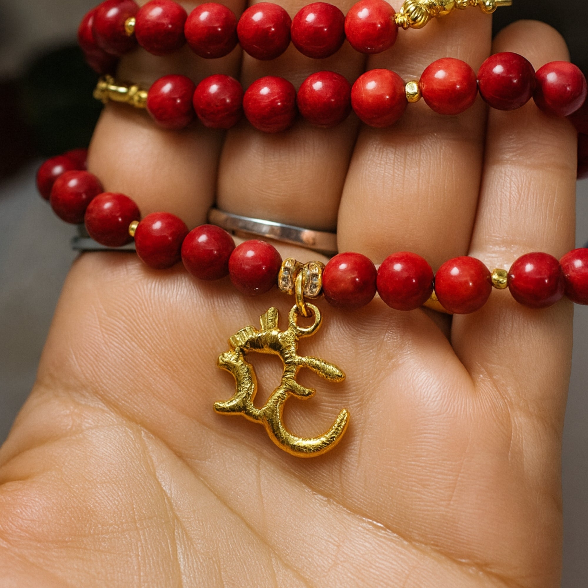 Red Coral Necklace 7 mm | Gold-Plated OM Pendant