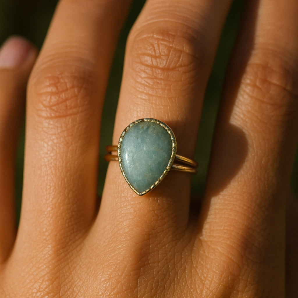 Amazonite Teardrop Adjustable Ring | Natural Green Gemstone 18K Gold Plated Ring | Healing Crystal Boho Jewelry Gift for Her