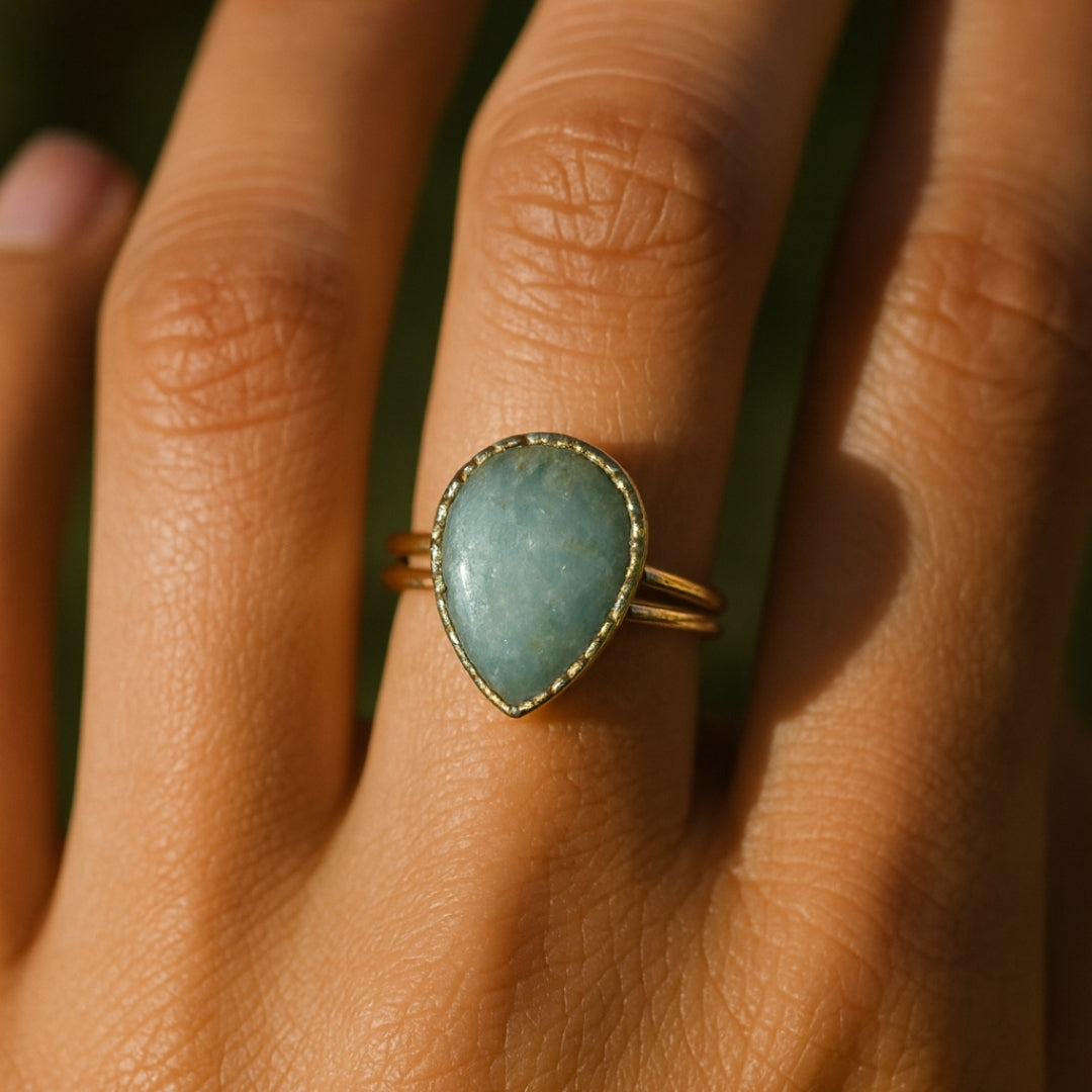 Amazonite Teardrop Adjustable Ring | Natural Green Gemstone 18K Gold Plated Ring | Healing Crystal Boho Jewelry Gift for Her