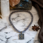 Labradorite Necklace 925 Silver Fleur-de-Lis Pendant | 8mm Hand-Knotted Beads